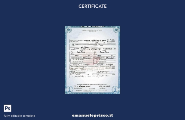 modello di certificato di nascita dello stato USA Mississippi in stile verificat